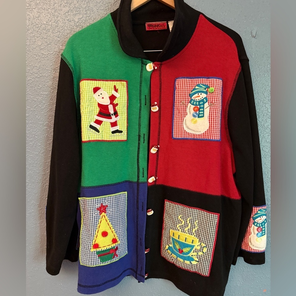 Onque Woman Black Christmas Quilt Patch Santa Button Cardigan Holiday Christmas